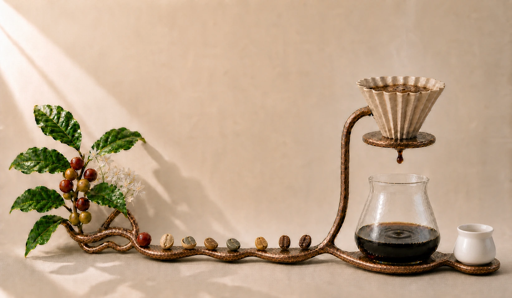 One coffee moves from blossom and a selected ripe cherry through drying, parchment release, green coffee and light-medium first crack to a blooming pour-over, falling drop, quiet ripple and waiting handleless tasting cup.